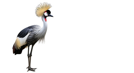 Obraz premium Elegant grey crowned crane with distinctive feathery headpiece standing isolated on white background