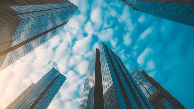 Low angle view of modern skyscrapers and office buildings with reflective glass facades against blue sky, urban city architecture concept - Powered by Adobe