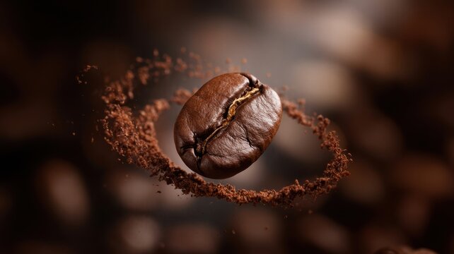 A single roasted coffee bean levitates in a swirl of ground coffee, creating a captivating aroma and inviting a moment of pure indulgence and pleasure