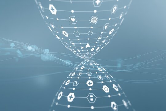 Abstract digital hourglass with medical icons, representing the concept of time in healthcare, medicine, and the importance of timely treatment