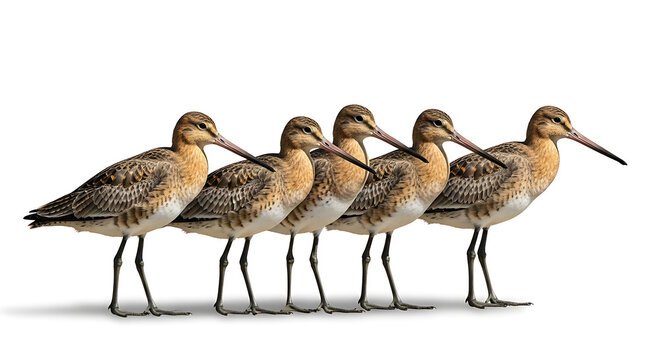 A line of five black tailed godwits standing together isolated on white background