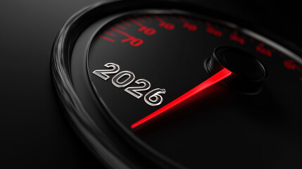 Futuristic speedometer with glowing red indicator pointing to 2026, symbolizing future goals, performance acceleration, progress, ambition and high-speed advancement toward new milestones.