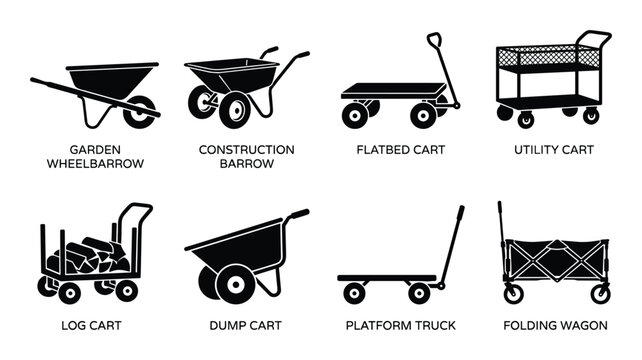 Garden wheelbarrow construction barrow flatbed cart utility log dump platform truck folding wagon icons