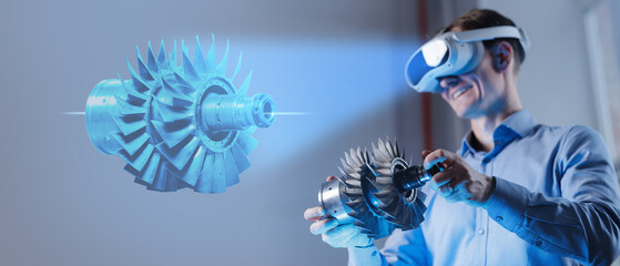 Young caucasian male experiencing virtual reality hologram of turbine engine. Immersive Technology with AI assistant for industry development.