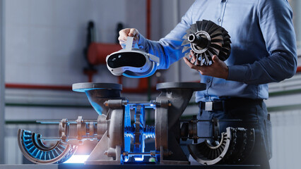 Male engineer using vr technology to inspect industrial machinery in a factory setting