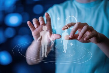 A man is interacting with a digital interface displaying human body scans, dna, and medical symbols, representing modern healthcare technology