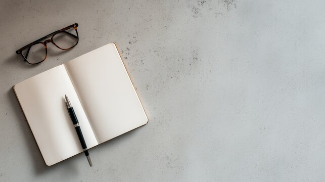 Open notebook with pen and glasses on desk – planning, writing and productivity concept - Powered by Adobe