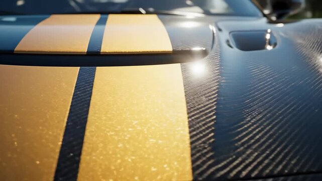 Macro Render Black Carbon Fiber Hood With Gold Stripe 4K