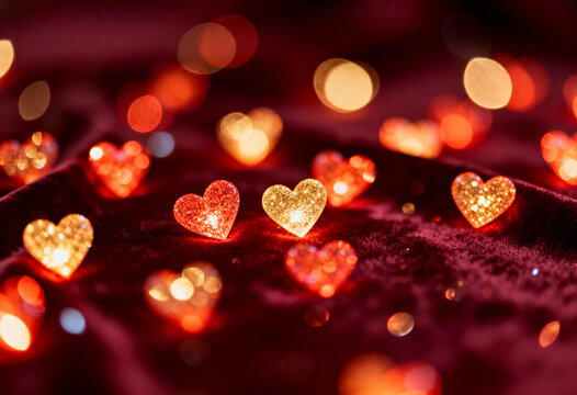 Valentines Day Holiday poster featuring sparkling hearts on a rich velvet background, perfect for a romantic greeting card