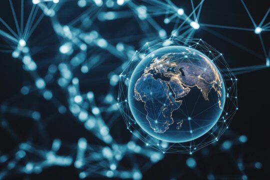 Global network connection and data exchanges, representing the concept of global communication and data transfer in the digital age and future technology - Powered by Adobe
