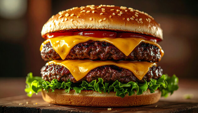 Large double-patty hamburger with melted cheese and fresh lettuce, juicy and appetizing snack