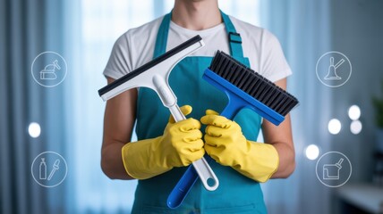 A professional cleaner in uniform holding a squeegee and brush, ready to tackle any cleaning task with expertise and efficiency in a modern home