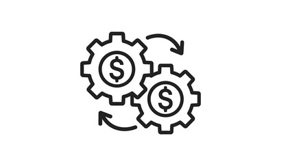 Two gears, each with a dollar sign, connected by looping arrows, on a clean white background