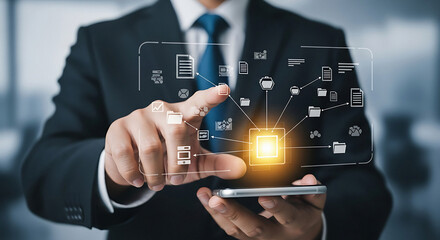 Modern businessman manages data flow with smartphone, showcasing seamless digital workflow and innovative technology solutions for business growth and efficiency