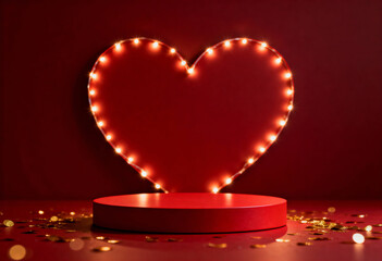 Red round pedestal for product display with heart-shaped light decoration in background, ideal for holiday promotions