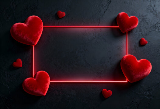 Valentines Day Holiday poster with plush hearts surrounding a glowing neon frame on a textured dark background, greeting card - Powered by Adobe