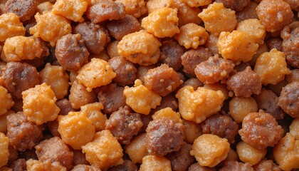 Close-up texture of crunchy, savory snack mix featuring a blend of crispy orange and brown bite-sized pieces. bamba