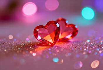 Two glowing red hearts shimmering with bokeh lights on a glitter-sprinkled surface, creating a warm romantic display
