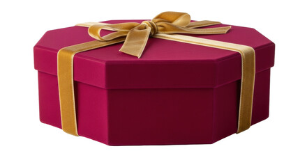 Isolated dark red gift box with gold velvet ribbon and bow, present for Christmas time