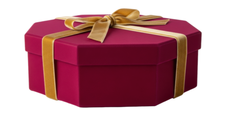 Isolated dark red gift box with gold velvet ribbon and bow, present for Christmas time