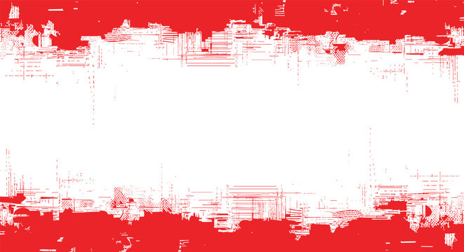 Grunge red frame with abstract brush strokes and distressed texture on white background for banners and borders