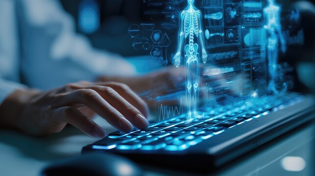 Doctor typing with digital hologram of human skeleton – innovation in medicine and healthcare