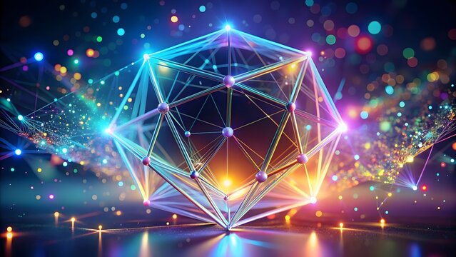 A glowing futuristic geometric structure with vibrant lights and connecting data lines