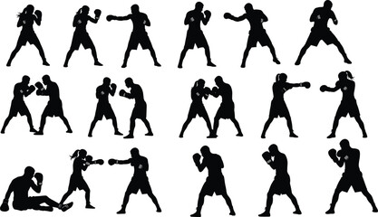 Boxer silhouette vector, fighting stance illustration, punching and sparring poses, black graphic art, combat sports design, training clipart