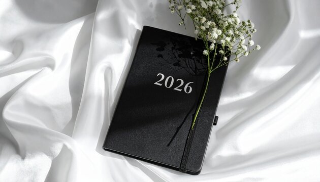 Black hardcover planner with “2026” printed on cover, placed on white satin fabric beside small white flowers.