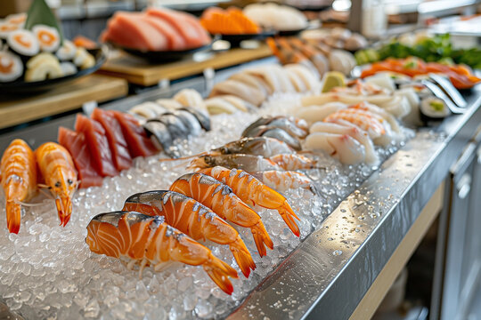Seleção de sushi e sashimi frescos sobre gelo em buffet japonês, destacando ingredientes premium, cores vivas e apresentação sofisticada de culinária oriental