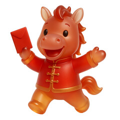 Cute 3D Amber Glass Horse holding Red Envelope Ang Pao. Lucky Chinese New Year 2026 mascot.