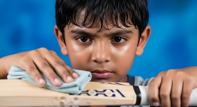 a young boy with dark hair is carefully polishing a wooden cricket bat against a vivid blue background focusing intently on the task high quality professional