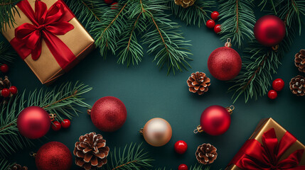 A Christmas seamless pattern featuring golden gifts tied with red bows, set against a green background.