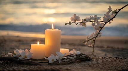 Tranquil beach sunset with lit candles and delicate flowers