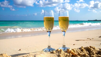 Two champagne flutes sit on the sand with a shell, facing a turquoise ocean and cloudy blue sky backdrop