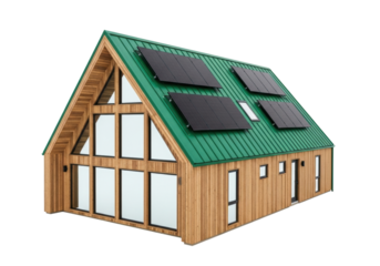 Isolated modern eco house with solar panels on roof, sustainable living architecture concept