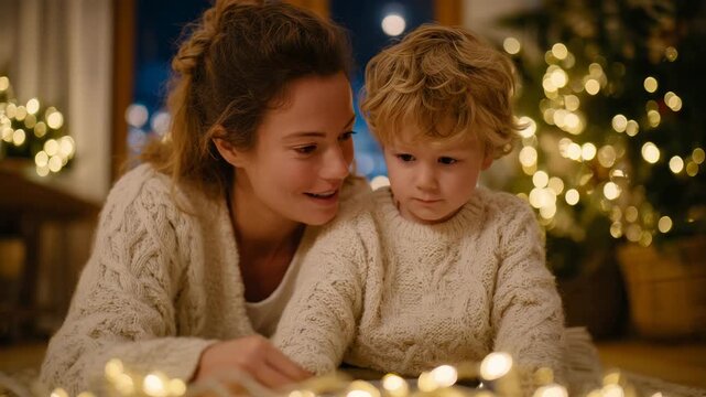 411Child and woman pointing at a power strip plugged with multiple cords, warm light from holiday decor reflecting on floor, emphasizing fire safety lessons during festive season