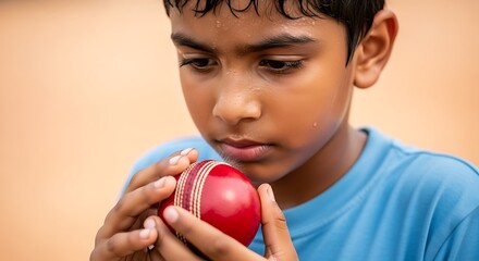 a young boy intently focuses on a bright red cricket ball holding it gently with both hands a moment of concentration high quality professional detailed modern