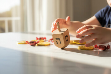 Obraz premium Child's hands spinning a wooden dreidel on a white table. Playing a traditional Hanukkah game with chocolate gelt. Jewish holiday celebration concept