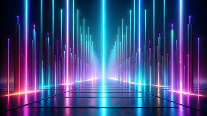 Vibrant abstract neon light pillars converge toward a bright vanishing point