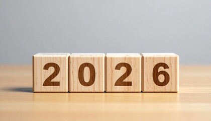 Wooden blocks arranged to display the number 2026 on neutral surface, minimal and symbolic of future year.