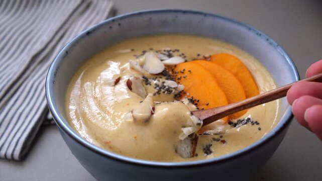 Persimmon smoothie bowl with chia seeds and nuts.