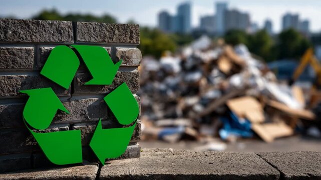 420Recycling symbol in vivid green placed against brick wall with piles of construction waste around, debris detailed, soft natural lighting enhancing environmental message