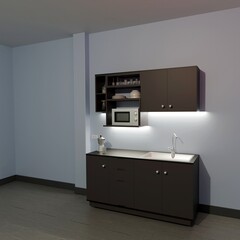 Modern compact built-in kitchen with open shelves, a microwave, and a clean sink area. Soft LED lighting enhances the minimalist look. This 3D render, created in blender, is ideal for interior design.