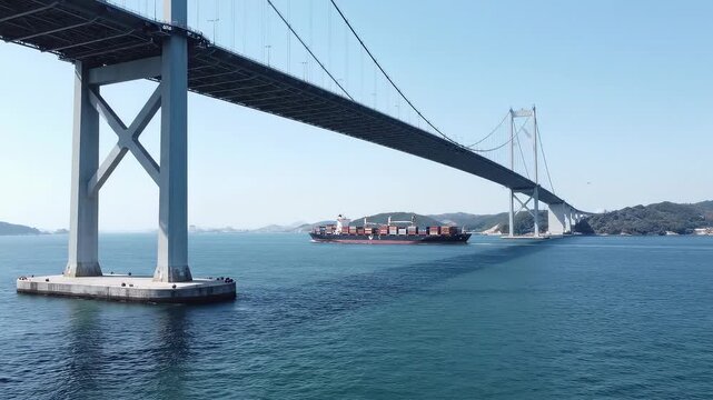 A Majestic Cargo Ship Passing Under a Grand Bridge Against a Crystal Clear Blue Sky

