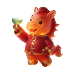 Cute 3D Amber Glass Horse toasting with wine cup. Happy Lunar New Year 2026 celebration mascot