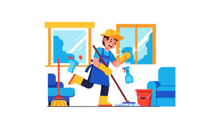 Energetic professional cleaner diligently mops and sprays, making a home sparkling clean and fresh with essential tools