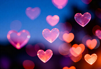 Numerous transparent pink hearts float with blurred bokeh lights, perfect for a Valentines Day holiday poster