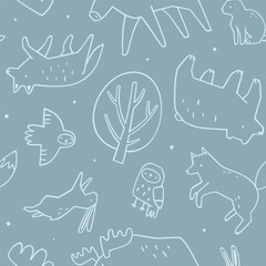 Outline forest animals pattern. Seamless vector sketch print with woodland animals.