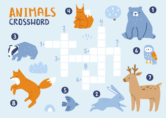 Naklejka premium Crossword with cute animals. Mini game for kids with forest animals.